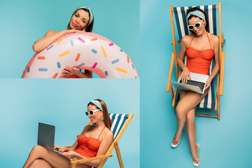 Collage of woman with inflatable ring and freelancer working with laptop and smiling on deckchair on blue