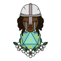 crying human fighter with natural one D20 roll illustration