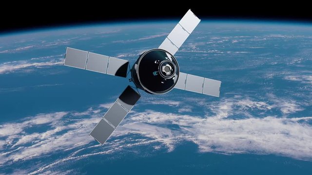 3d animation of a space station in space, with solar panels, with earth in the background