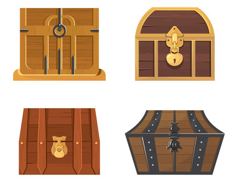 Set of wooden treasure chests. Vintage objects in cartoon style.