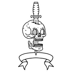 black linework tattoo with banner of a skull and dagger