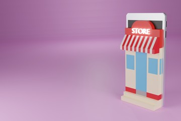 Fototapeta na wymiar Animation online shopping E-commerce, store, box and Delivery Trucks on smartphone,3d rendering