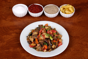 perfect turkish food vegetable kebab spicy white plate on wooden table