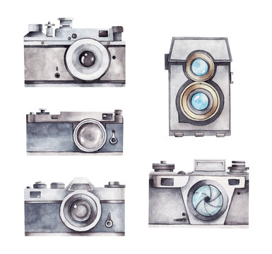 Watercolor vintage film cameras. Old photo cameras set isolated on white. Hand drawn illustration on the theme of old cameras. Vintage photography. Retro photography. Retro lens. Old school camera. 