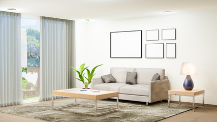 Fototapeta na wymiar White living room with sofa. 3D render interior.