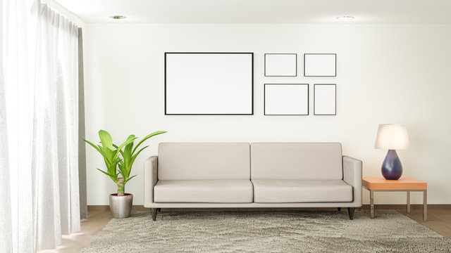 White living room with sofa. 3D render interior.