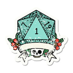 natural one d20 dice roll grunge sticker