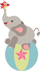 Circus elephant on a ball with red bird
