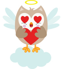 Cute cupid owl holding a red heart