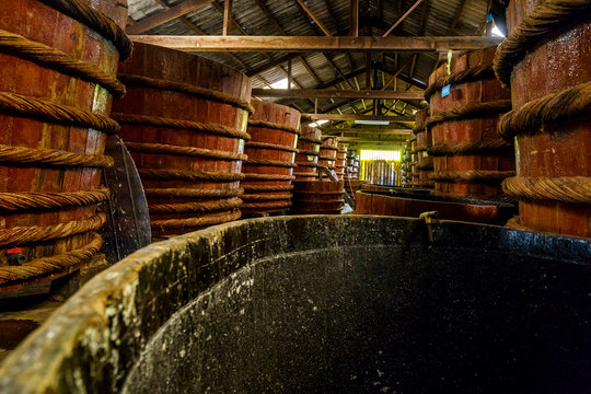 factory fish sauce production facilities on Phu Quoc island, Kien Giang, Vietnam by traditional fermented method of anchovies fermented brewed in large