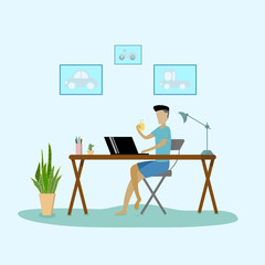 Work at home concept design.One men works online with a laptop on a wood table.Vector illustrator.Online work,stardy,shopping.