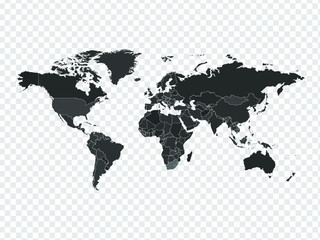 Fototapeta na wymiar High detailed world map in greys colors on transparent background. Perfect for backgrounds, backdrop, business concepts, presentation, charts and wallpapers.
