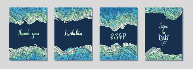 Set of four vertical waves borders. Elegant wavy striped frame. Hand-drawn banners in doodle style. Template for cards, invitations, flyers or posters. Text. EPS 10.