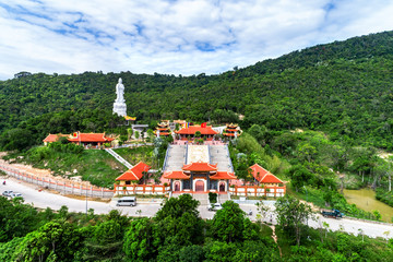 Fototapeta na wymiar View of Chinese temple on Phu Quoc island ,Vietnam. From aerial , Ho Quoc pagoda