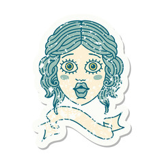 grunge sticker with banner of female face