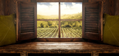 Wooden window sill and free space for your decoration.Spring landscape of tuscany 