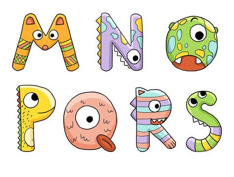 Cute monster dinosaur children alphabet abc isolated on white background letters M N O P Q R S green orange purple yellow pink
