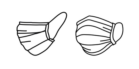 A hand-drawn set of medical masks isolated on a white background in a Doodle style.Mask for respiratory protection Hand drawn vector illustration