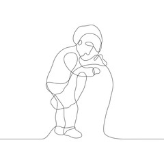 Drawing of an adult man from the back of a child who has fallen asleep. One continuous line black and white art. Vector illustration for father's day can be used for animation.