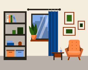 Interior of the living room. Design of a cozy room with armchair,  window and decor accessories. Vector illustration.
