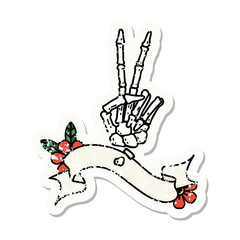 grunge sticker with banner of a skeleton hand giving a peace sign