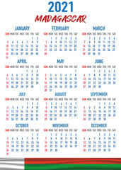 Madagascar Calendar with flag. Month, day, week. Simply flat design. Vector illustration background for desktop, business, reminder, planner