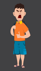 Young school boy angry facial expression vector illustration.