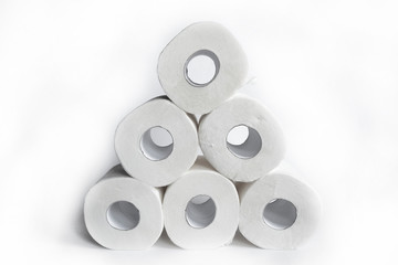 Toilet paper rolls on white backgorund. Hygiene concept. White paper texture. Household concept.