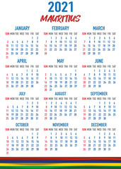 Mauritius Calendar with flag. Month, day, week. Simply flat design. Vector illustration background for desktop, business, reminder, planner
