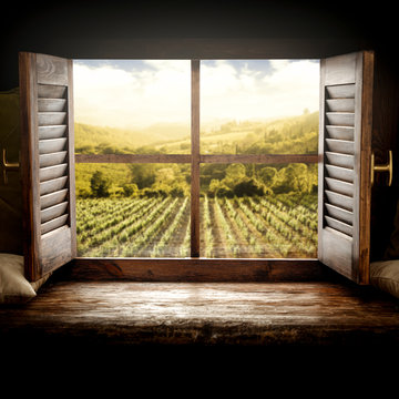 Wooden window sill and free space for your decoration.Spring landscape of tuscany 