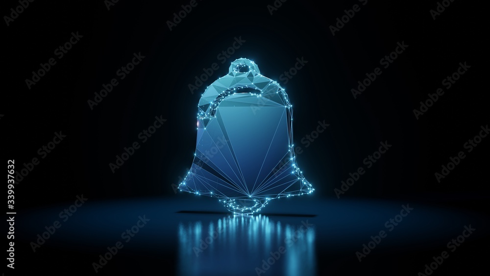 Poster 3d rendering wireframe neon glowing symbol of alarm on black background with reflection