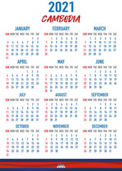 Cambodia Calendar with flag. Month, day, week. Simply flat design. Vector illustration background for desktop, business, reminder, planner