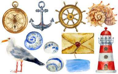 Watercolor nautical elements isolated on white background: anchor, steering wheel, retro envelope, compass, lighthouse, shells, stones, gull. Hand painted. Perfect for creating cards,  design.