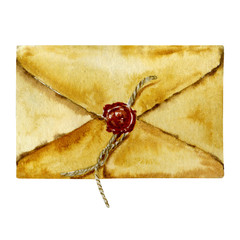Watercolor retro envelope with sealing wax. Vintage mail icon isolated on white background. Hand painted design element.