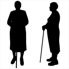Retired. Vector illustration female silhouette, senior citizens. Two grandmothers lean their hands on sticks. Black silhouette isolated on a white background. Side view: profile, front view: full face