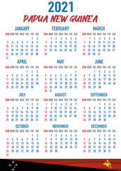 Papua New Guinea Calendar with flag. Month, day, week. Simply flat design. Vector illustration background for desktop, business, reminder, planner