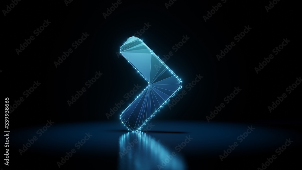 Poster 3d rendering wireframe neon glowing symbol of angle right on black background with reflection