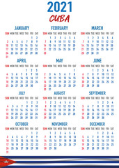 Cuba Calendar with flag. Month, day, week. Simply flat design. Vector illustration background for desktop, business, reminder, planner