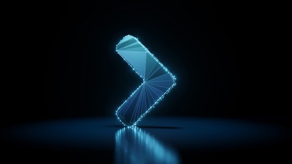 3d rendering wireframe neon glowing symbol of angle right on black background with reflection