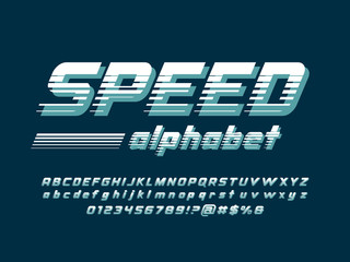 Speed style alphabet design with uppercase, lowercase, numbers and symbol
