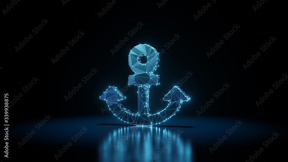 Poster 3d rendering wireframe neon glowing symbol of anchor on black background with reflection