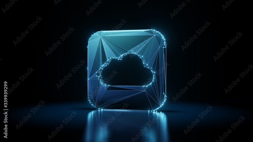 Poster 3d rendering wireframe neon glowing icon of icloud drive app on black background with reflection