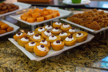 Traditional Turkish sweets at the open buffet in a hotel in Turkey
