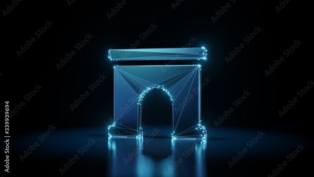 Poster 3d rendering wireframe neon glowing symbol of archway on black background with reflection