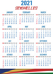 Seychelles Calendar with flag. Month, day, week. Simply flat design. Vector illustration background for desktop, business, reminder, planner