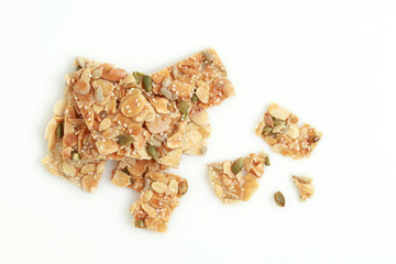 Cracker with almond and nut on white background, traditional Malaysian sweet snack.