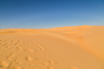 Desert landscape flat at Rub' al Khali empty, foot marks