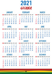 Ghana Calendar with flag. Month, day, week. Simply flat design. Vector illustration background for desktop, business, reminder, planner