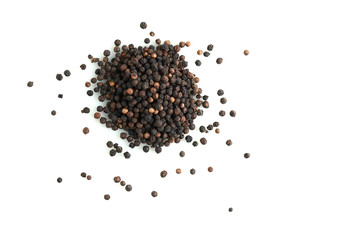 Top view pile of black peppercorns isolated on white