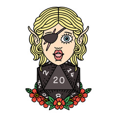 elf rogue character with natural twenty dice roll illustration
